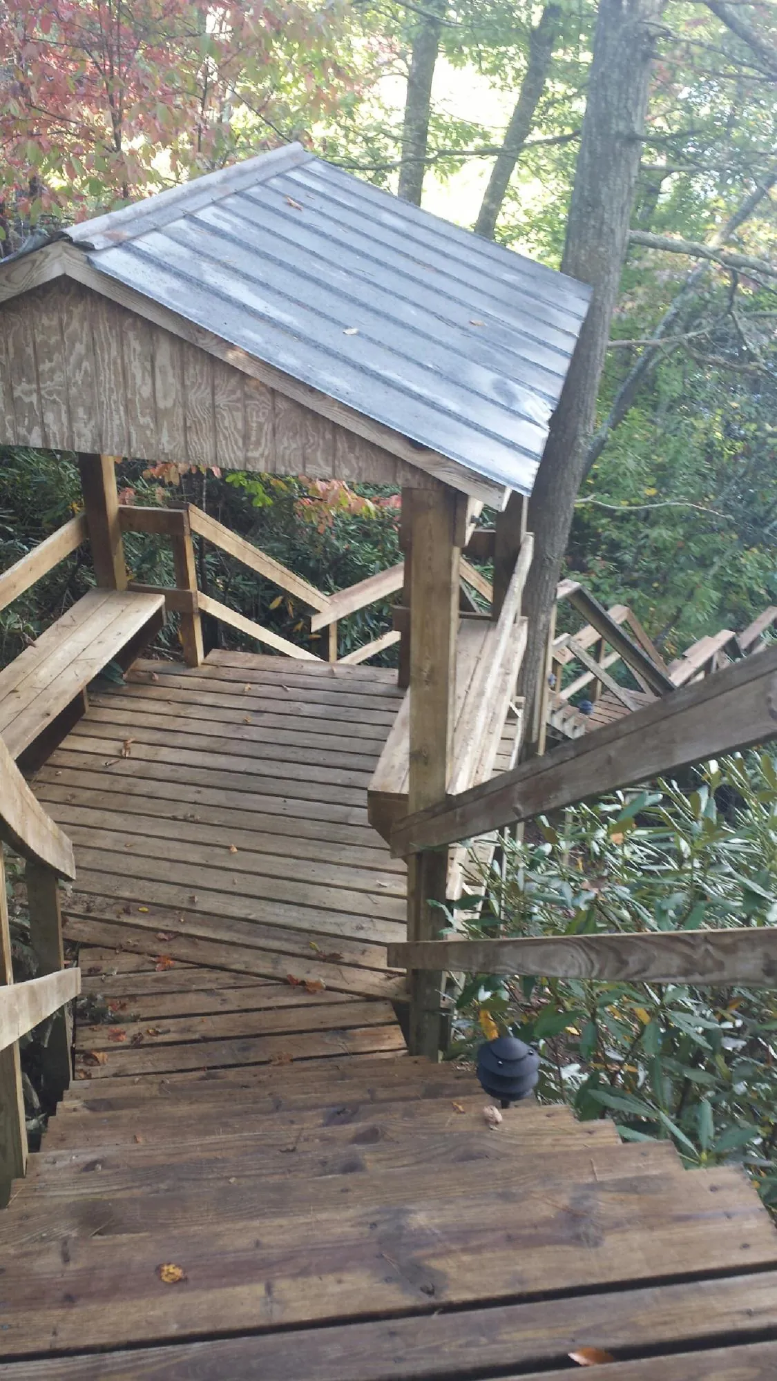 Metal roofed shelter over wooden steps on a wooded walkway — Skylight Repair & Installation work by our crew in Neosho